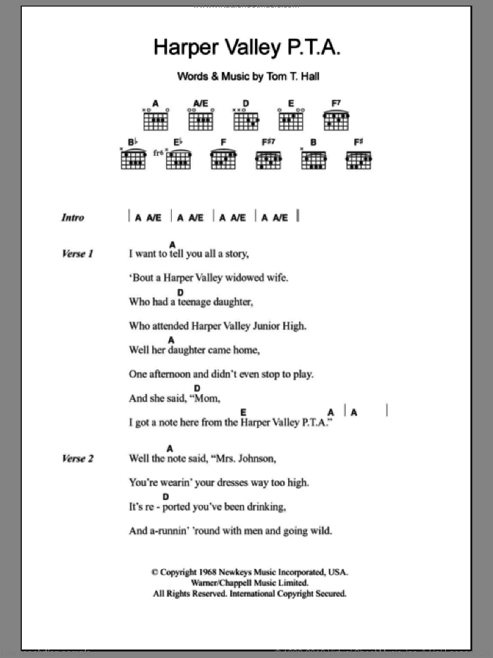 Harper Valley P.T.A. sheet music for guitar (chords) by Jeannie C. Riley and Tom T. Hall, intermediate skill level
