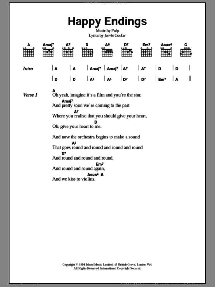 Happy Endings sheet music for guitar (chords) by Pulp and Jarvis Cocker, intermediate skill level