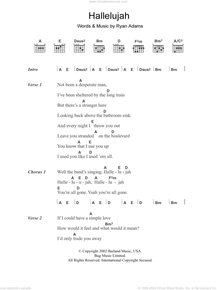 Hallelujah sheet music for guitar (chords) by Ryan Adams, intermediate skill level