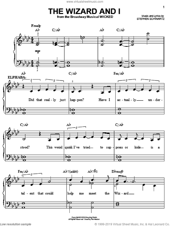 The Wizard And I (from Wicked), (easy) sheet music for piano solo by Stephen Schwartz and Wicked (Musical), easy skill level