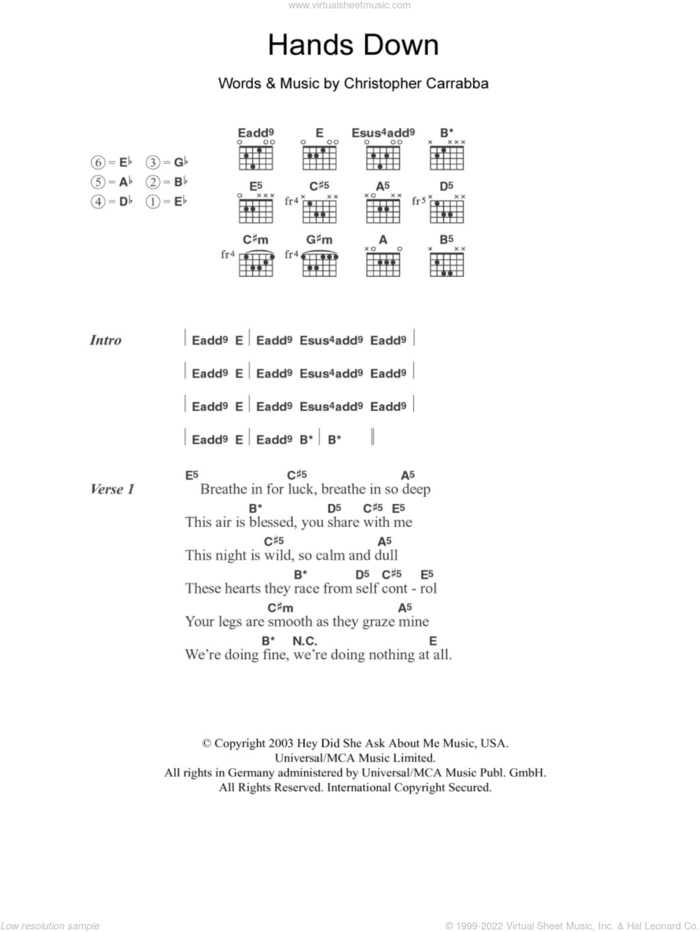 Hands Down sheet music for guitar (chords) by Dashboard Confessional and Chris Carrabba, intermediate skill level