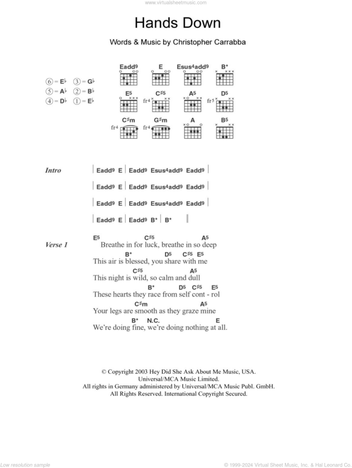 Hands Down sheet music for guitar (chords) by Dashboard Confessional and Chris Carrabba, intermediate skill level