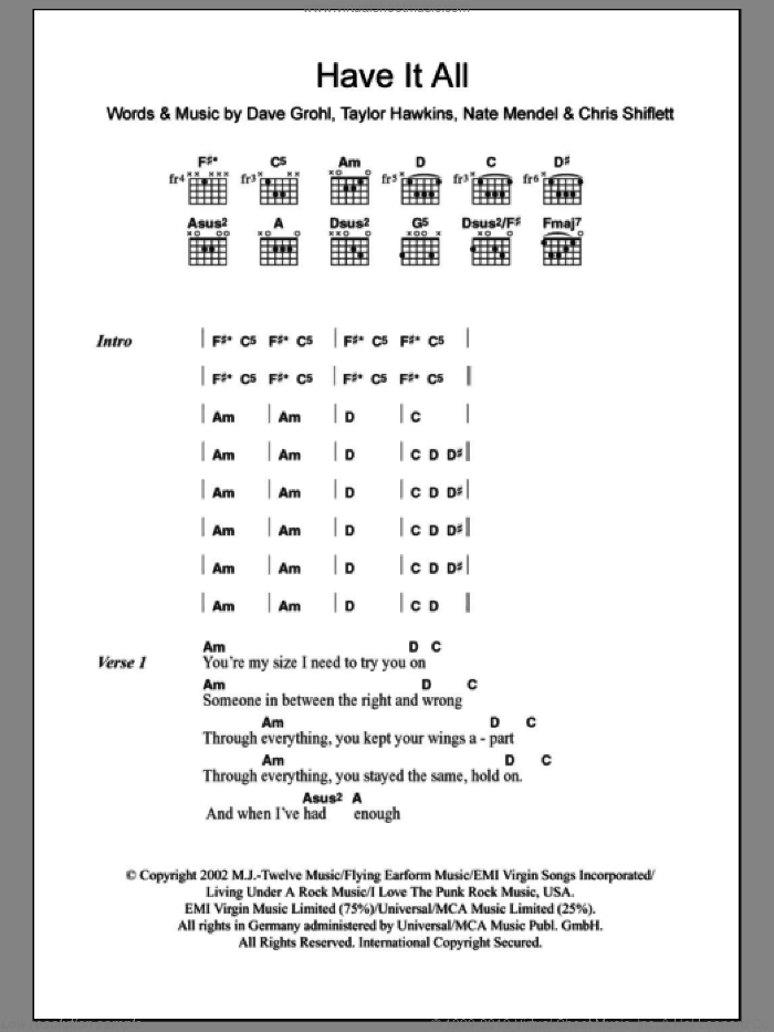 Have It All sheet music for guitar (chords) by Foo Fighters, Chris Shiflett, Dave Grohl, Nate Mendel and Taylor Hawkins, intermediate skill level