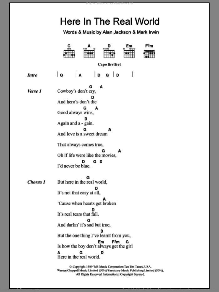 Here In The Real World sheet music for guitar (chords) by Alan Jackson and Mark Irwin, intermediate skill level