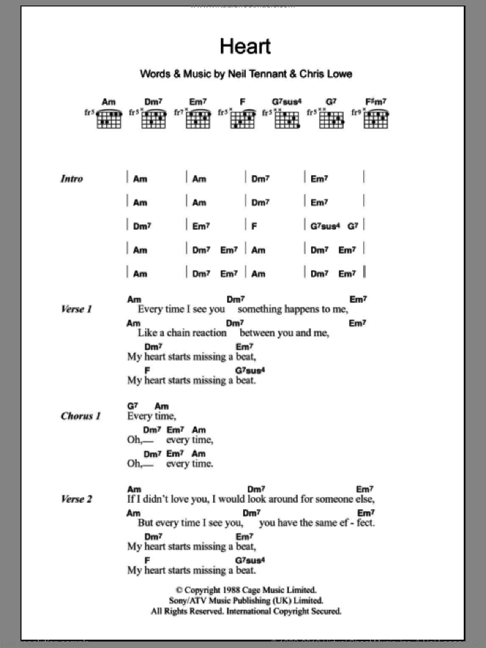 Heart sheet music for guitar (chords) by The Pet Shop Boys, Chris Lowe and Neil Tennant, intermediate skill level