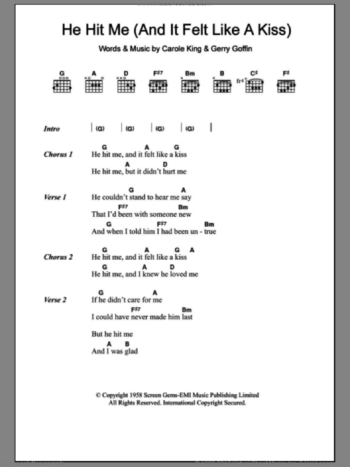 He Hit Me (And It Felt Like A Kiss) sheet music for guitar (chords) by The Crystals, Carole King and Gerry Goffin, intermediate skill level