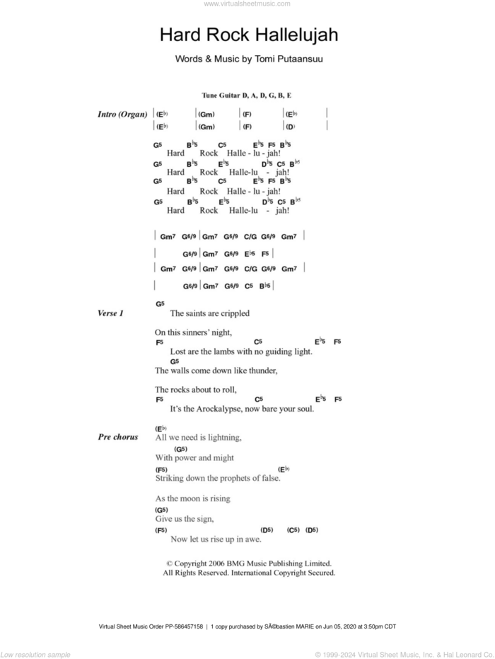 Hard Rock Hallelujah sheet music for guitar (chords) by Lordi and Tomi Putaansuu, intermediate skill level