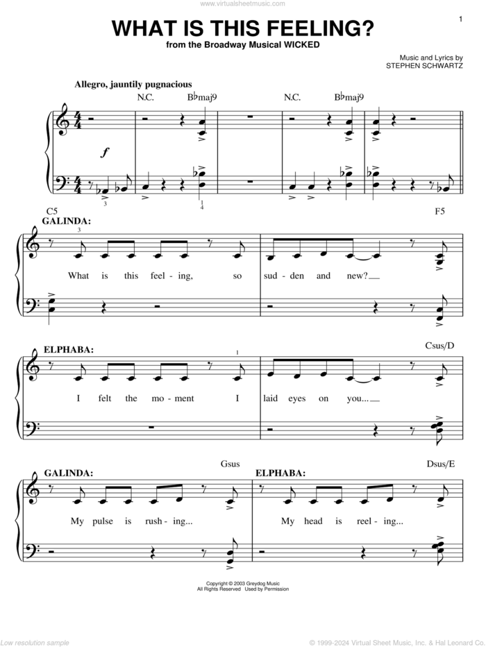 What Is This Feeling? (from Wicked), (easy) sheet music for piano solo by Stephen Schwartz and Wicked (Musical), easy skill level