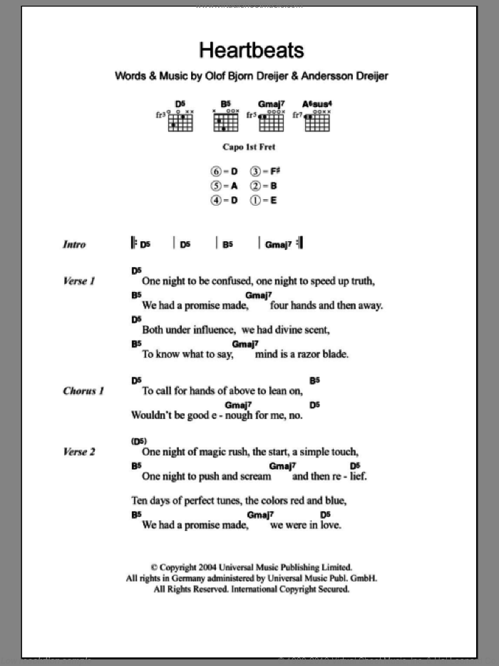 Heartbeats sheet music for guitar (chords) by Jose Gonzalez, Andersson Dreijer and Olof Bjorn Dreijer, intermediate skill level