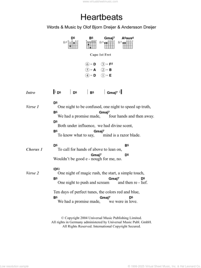 Heartbeats sheet music for guitar (chords) by Jose Gonzalez, Andersson Dreijer and Olof Bjorn Dreijer, intermediate skill level