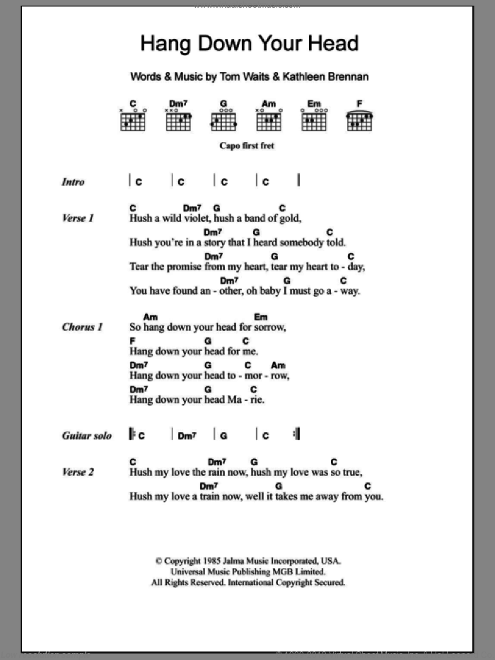 Hang Down Your Head sheet music for guitar (chords) by Tom Waits and Kathleen Brennan, intermediate skill level