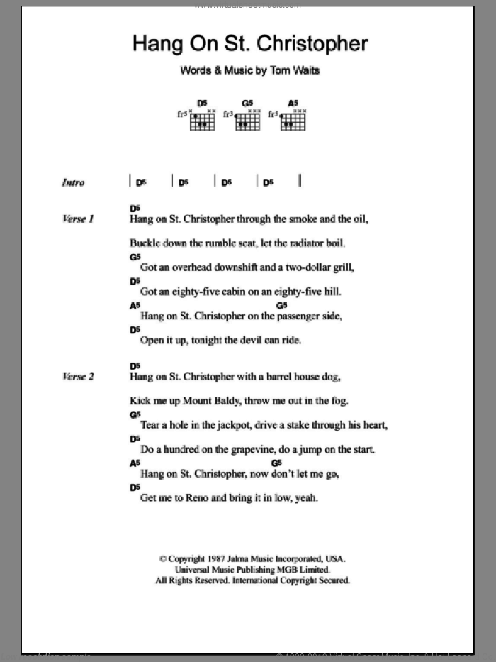 Hang On St. Christopher sheet music for guitar (chords) by Tom Waits, intermediate skill level