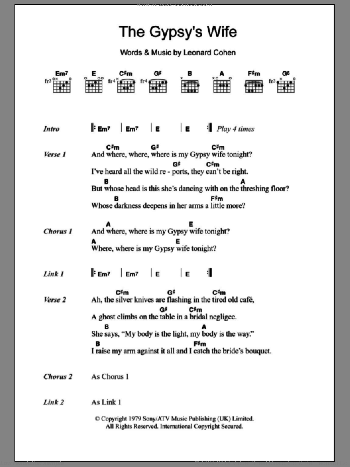 The Gypsy's Wife sheet music for guitar (chords) by Leonard Cohen, intermediate skill level