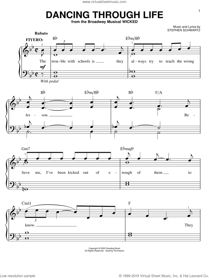 Dancing Through Life (from Wicked), (easy) sheet music for piano solo by Stephen Schwartz and Wicked (Musical), easy skill level