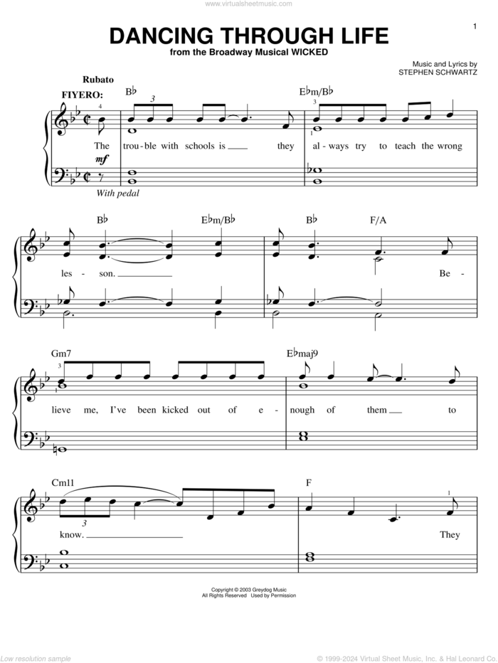 Dancing Through Life (from Wicked) sheet music for piano solo by Stephen Schwartz and Wicked (Musical), easy skill level