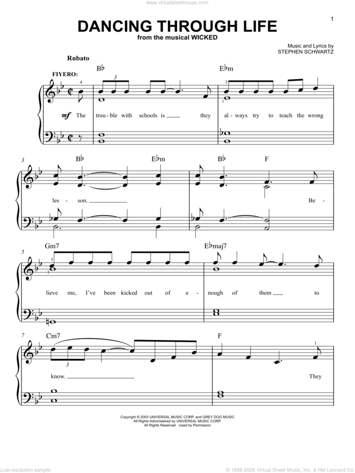 Dancing Through Life (from Wicked), (easy) sheet music for piano solo by Stephen Schwartz and Wicked (Musical), easy skill level
