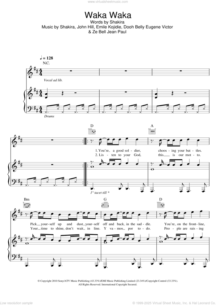 Waka Waka (This Time For Africa) (featuring Freshlyground) sheet music for voice, piano or guitar by Shakira featuring Freshlyground, Shakira, Dooh Belly Eugene Victor, Emile Kojidie, John Hill and Ze Bell Jean Paul, intermediate skill level