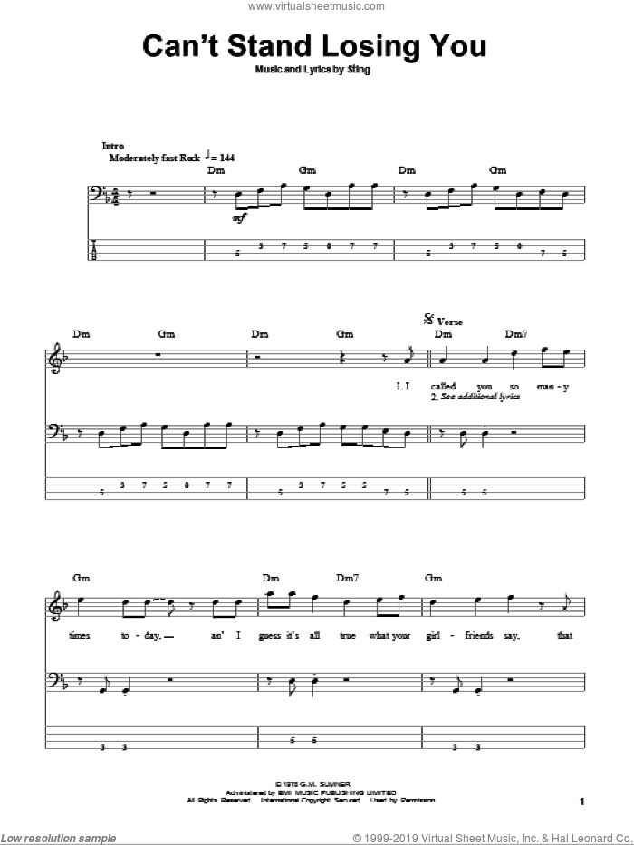 Can't Stand Losing You sheet music for bass (tablature) (bass guitar) by The Police and Sting, intermediate skill level