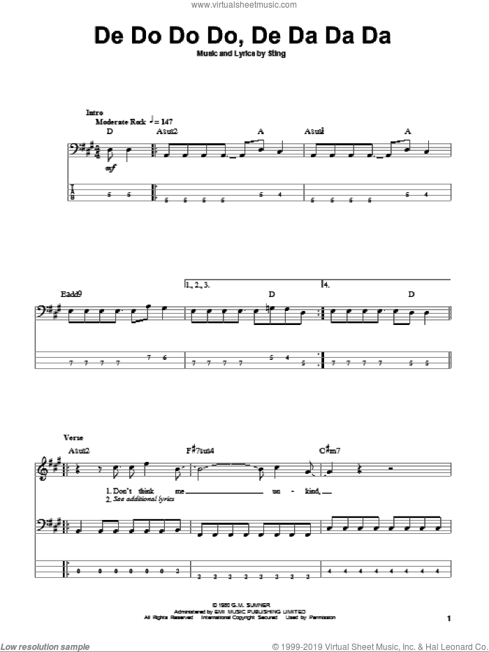 De Do Do Do, De Da Da Da sheet music for bass (tablature) (bass guitar) by The Police and Sting, intermediate skill level