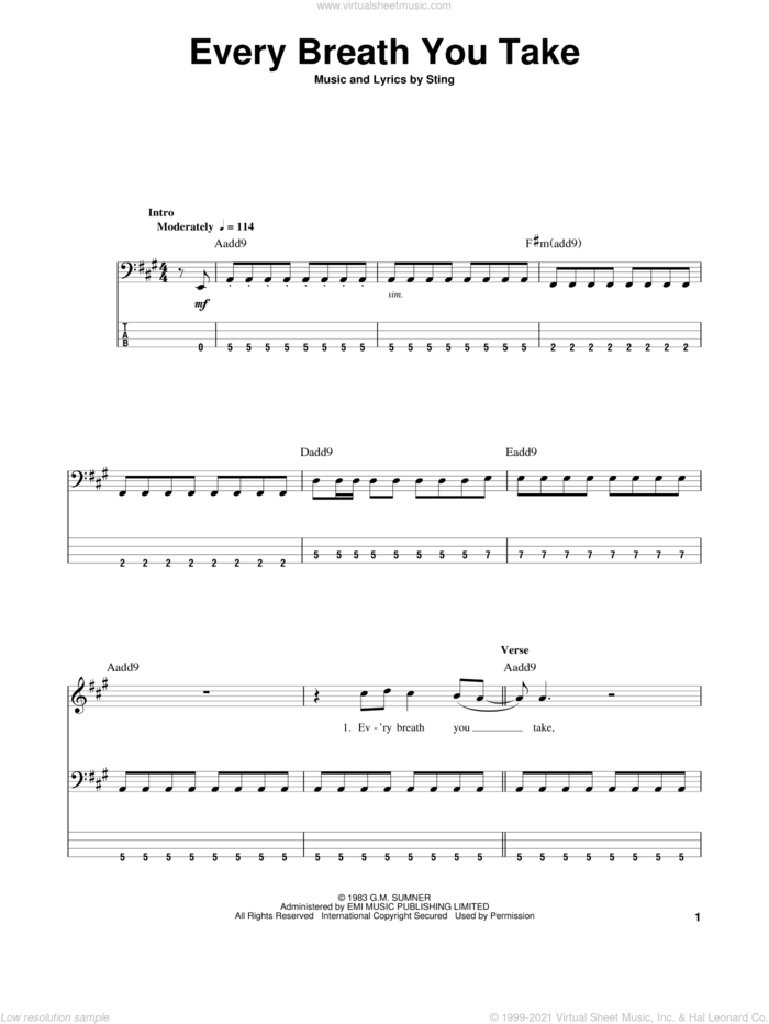 Every Breath You Take sheet music for bass (tablature) (bass guitar) by The Police and Sting, intermediate skill level