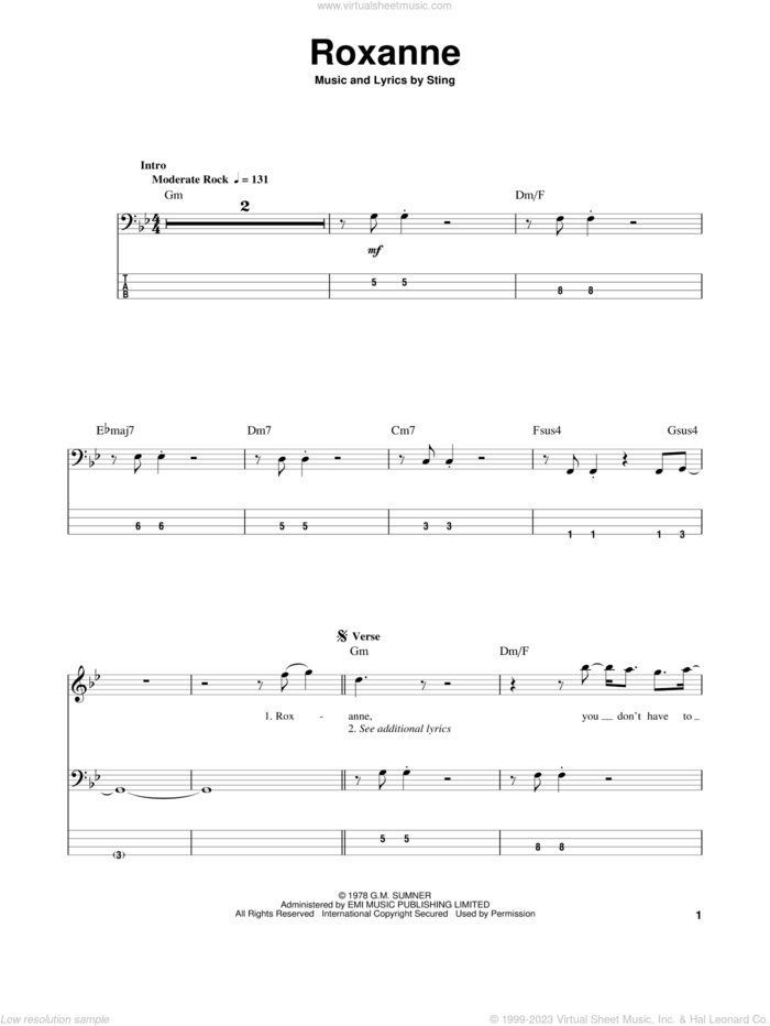 Roxanne sheet music for bass (tablature) (bass guitar) by The Police and Sting, intermediate skill level