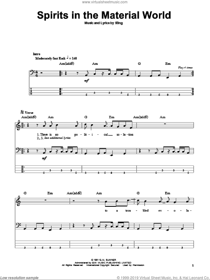 Spirits In The Material World sheet music for bass (tablature) (bass guitar) by The Police and Sting, intermediate skill level