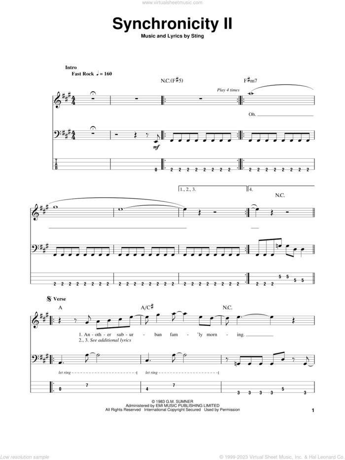 Synchronicity II sheet music for bass (tablature) (bass guitar) by The Police and Sting, intermediate skill level