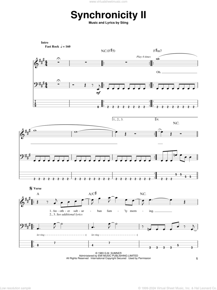 Synchronicity II sheet music for bass (tablature) (bass guitar) by The Police and Sting, intermediate skill level