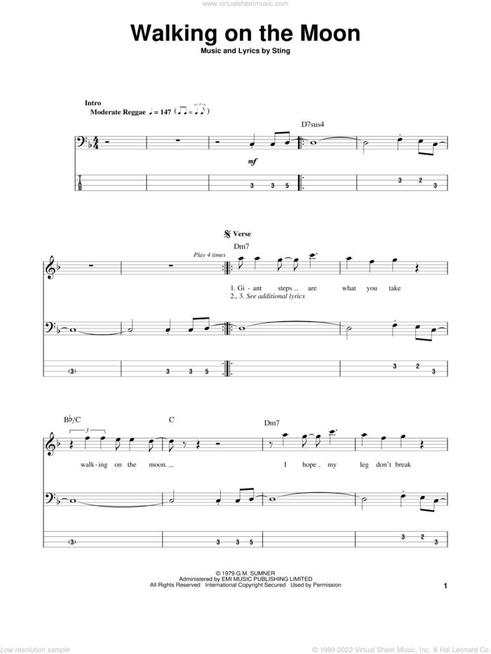 Walking On The Moon sheet music for bass (tablature) (bass guitar) by The Police and Sting, intermediate skill level