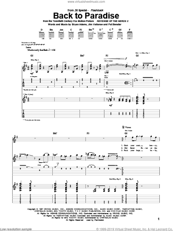 Back To Paradise sheet music for guitar (tablature) by 38 Special, Bryan Adams, Jim Vallance and Pat Benatar, intermediate skill level