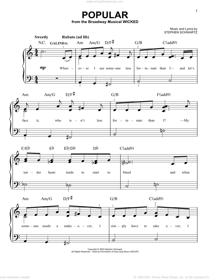 Popular (from Wicked), (easy) sheet music for piano solo by Stephen Schwartz and Wicked (Musical), easy skill level