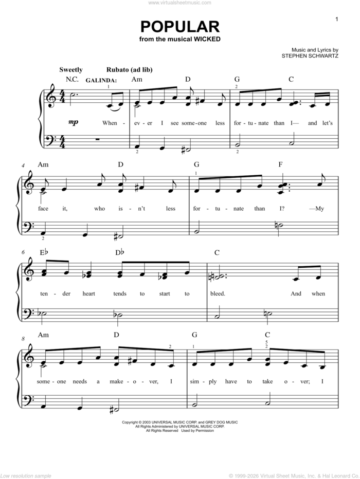 Popular (from Wicked), (easy) sheet music for piano solo by Stephen Schwartz and Wicked (Musical), easy skill level