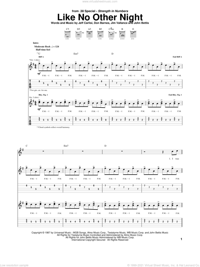 Like No Other Night sheet music for guitar (tablature) by 38 Special, Don Barnes, Jeff Carlisi, Jim Vallance and John Bettis, intermediate skill level