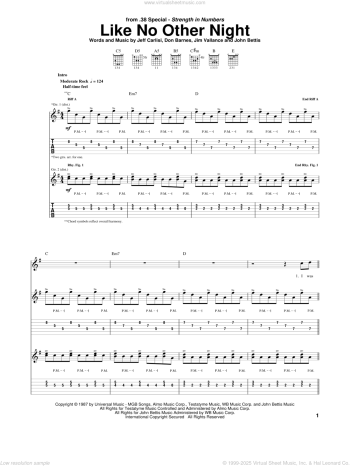 Like No Other Night sheet music for guitar (tablature) by 38 Special, Don Barnes, Jeff Carlisi, Jim Vallance and John Bettis, intermediate skill level