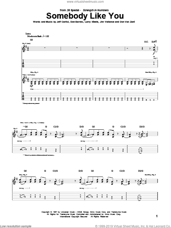 Somebody Like You sheet music for guitar (tablature) by 38 Special, Don Barnes, Donnie Van Zant, Jeff Carlisi, Jim Vallance and Larry Steele, intermediate skill level