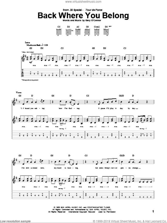 Back Where You Belong sheet music for guitar (tablature) by 38 Special, intermediate skill level