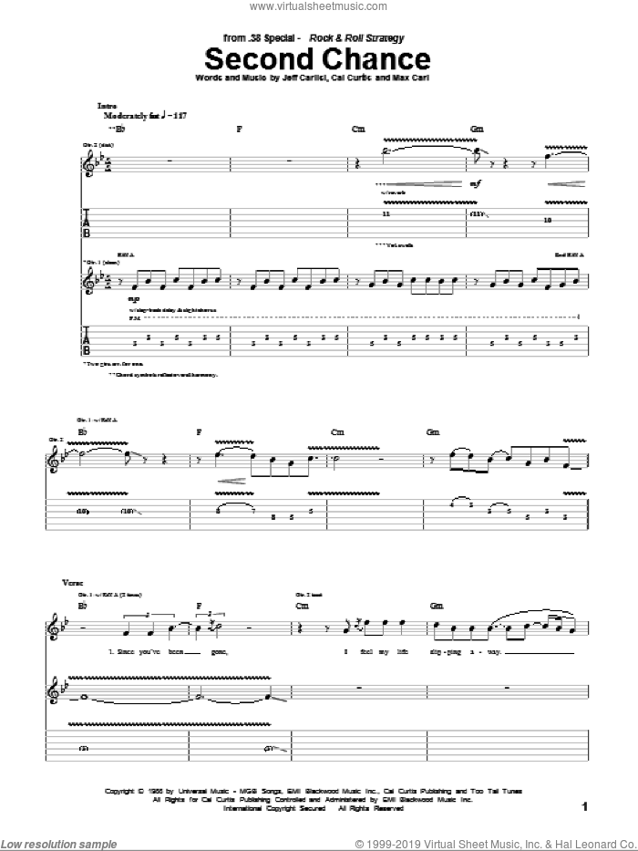 Second Chance sheet music for guitar (tablature) by 38 Special, Cal Curtis, Jeff Carlisi and Max Carl, intermediate skill level