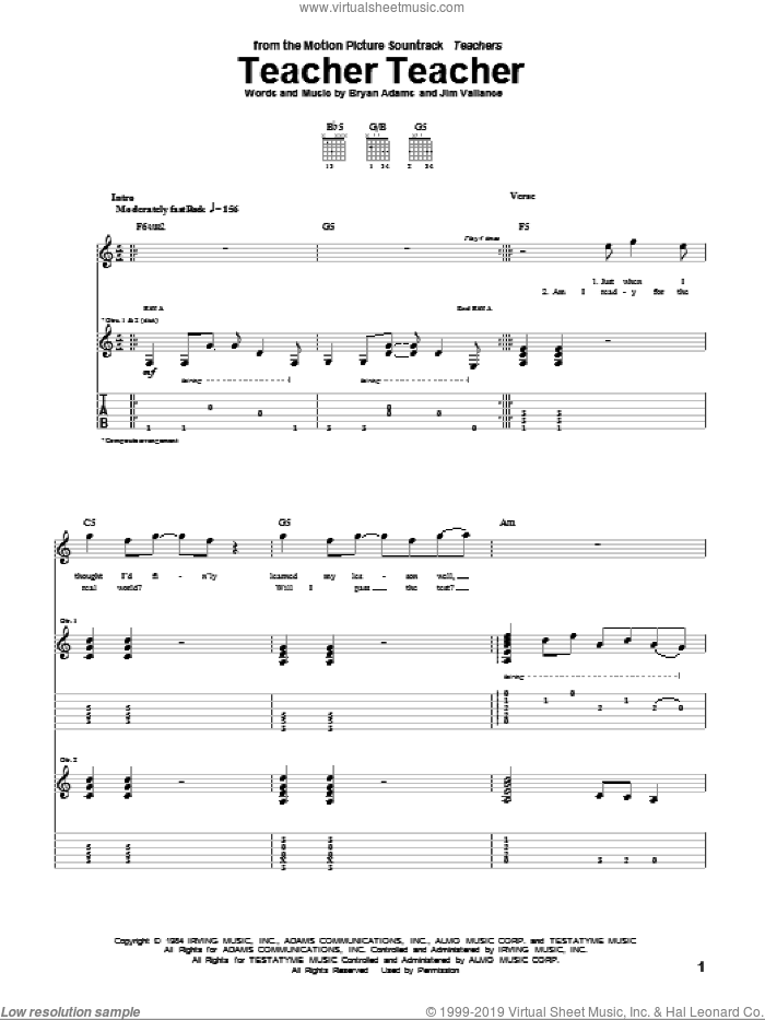 Teacher Teacher sheet music for guitar (tablature) by 38 Special, Bryan Adams and Jim Vallance, intermediate skill level