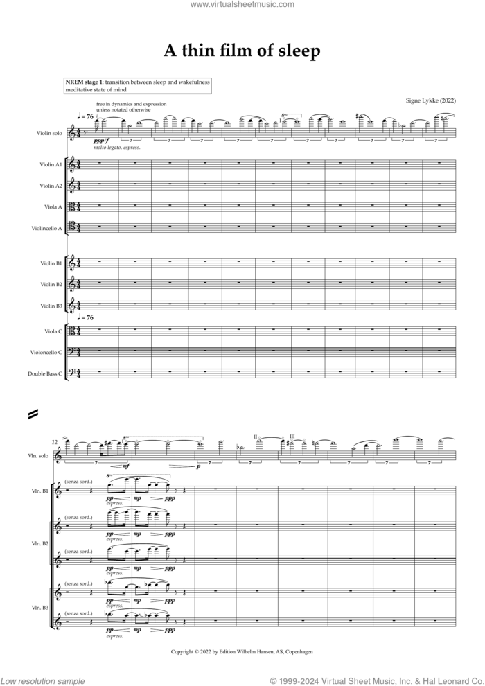 A Thin Film Of Sleep sheet music for orchestra (full score) by Signe Lykke, classical score, intermediate skill level