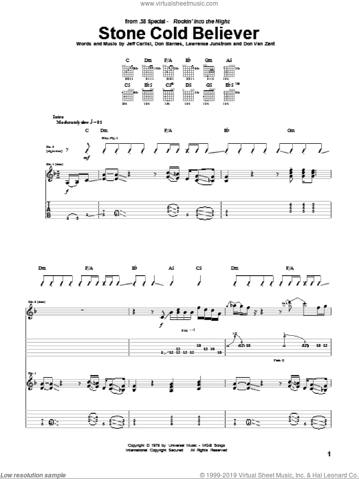 Stone Cold Believer sheet music for guitar (tablature) by 38 Special, Don Barnes, Donnie Van Zant, Jeff Carlisi and Lawrence Junstrom, intermediate skill level