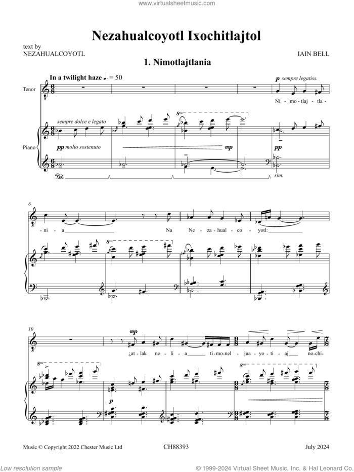 Nezahualcoyotl Ixochitlajtol sheet music for voice and piano by Iain Bell and NEZAHUALCOYOTL, classical score, intermediate skill level