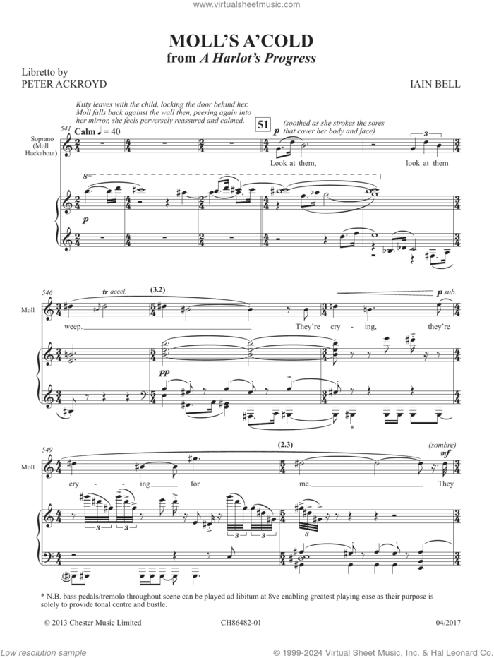 Moll's a'cold sheet music for voice and piano by Iain Bell and Peter Ackroyd, classical score, intermediate skill level