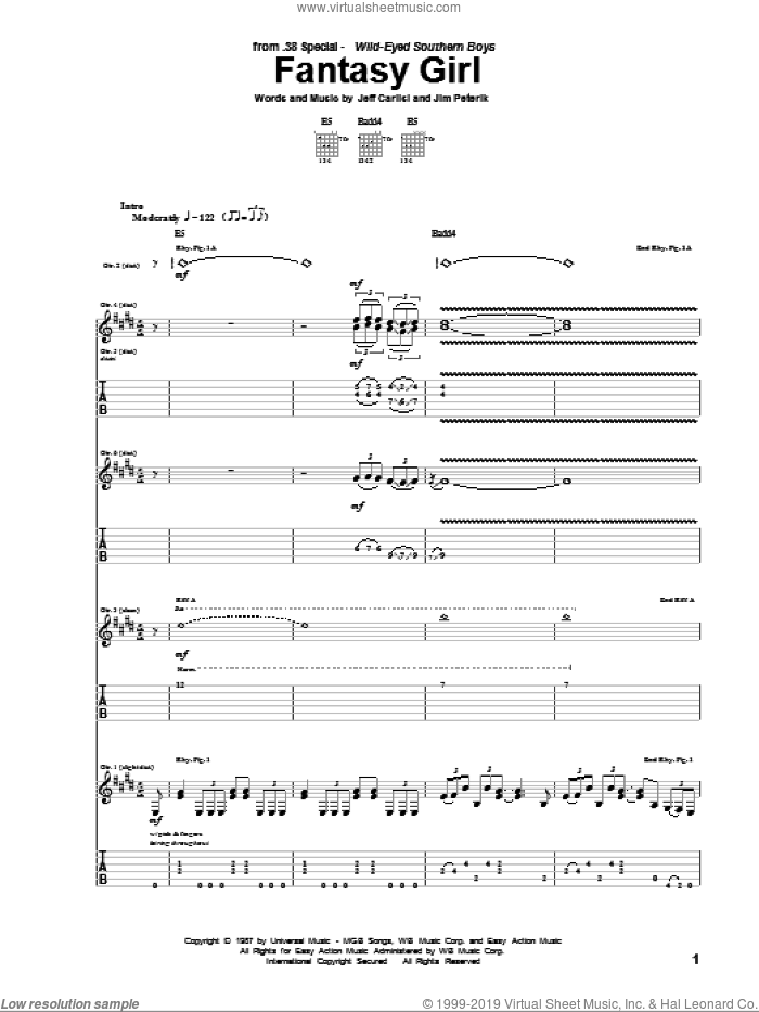 Fantasy Girl sheet music for guitar (tablature) by 38 Special, Jeff Carlisi and Jim Peterik, intermediate skill level