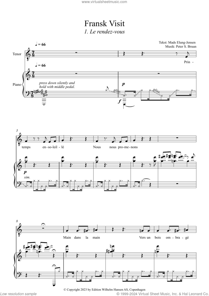 Fransk Visit sheet music for voice and piano by Peter Bruun and Mads Elung-Jensen, classical score, intermediate skill level