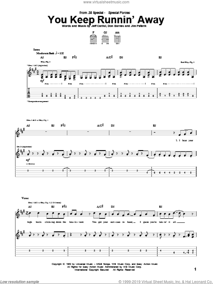 You Keep Runnin' Away sheet music for guitar (tablature) by 38 Special, Don Barnes, Jeff Carlisi and Jim Peterik, intermediate skill level