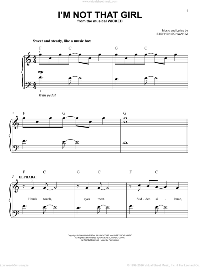 I'm Not That Girl (from Wicked) sheet music for piano solo by Stephen Schwartz and Wicked (Musical), easy skill level