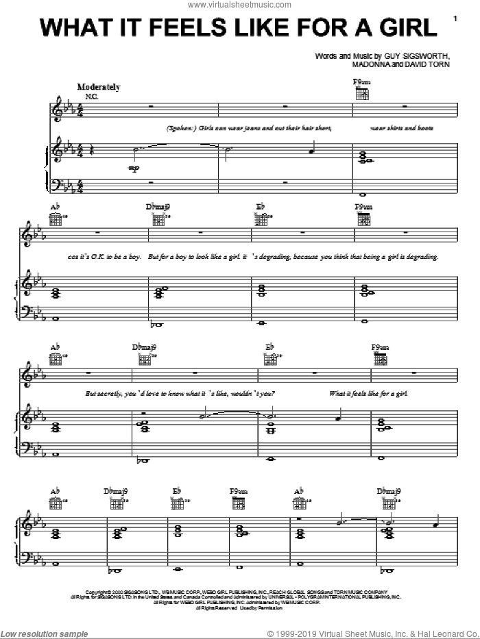 What It Feels Like For A Girl sheet music for voice, piano or guitar by Madonna, Miscellaneous, David Torn and Guy Sigsworth, intermediate skill level