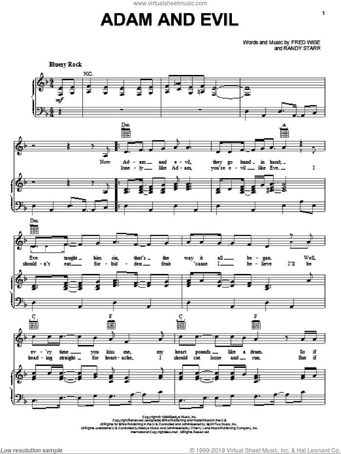 Adam And Evil sheet music for voice, piano or guitar by Elvis Presley, Fred Wise and Randy Starr, intermediate skill level