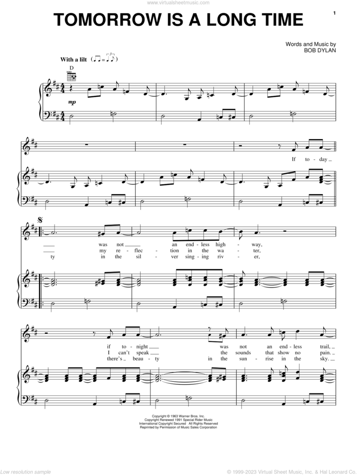 Tomorrow Is A Long Time sheet music for voice, piano or guitar by Elvis Presley and Bob Dylan, intermediate skill level