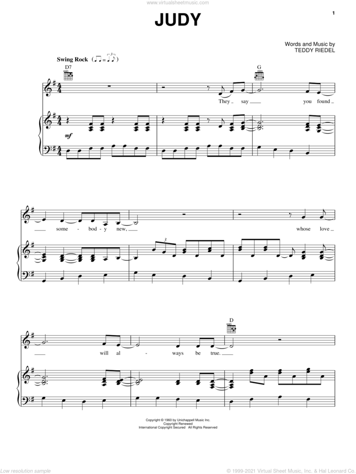 Judy sheet music for voice, piano or guitar by Elvis Presley and Teddy Riedel, intermediate skill level